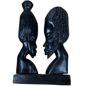 African Couple Head Ebony Wood Carved Statue Handmade Great Condition